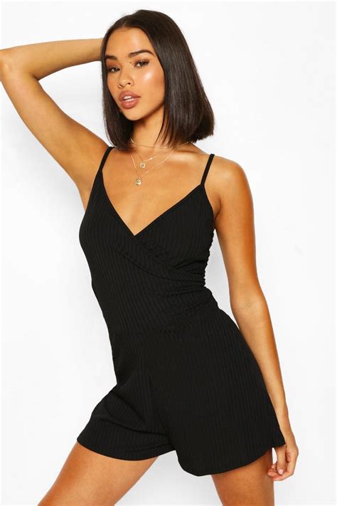 Ribbed Wrap Front Strappy Swing Playsuit Boohoo