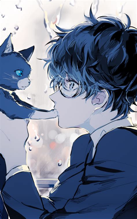 Download 1600x2560 Persona 5 Kurusu Akira Anime Boy Cat