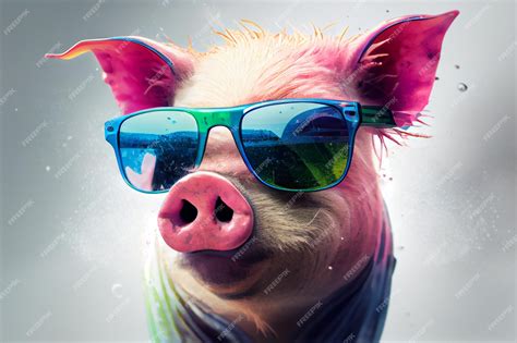 Premium Photo A Pig Wearing Sunglasses And A Rainbow Colored Scarf