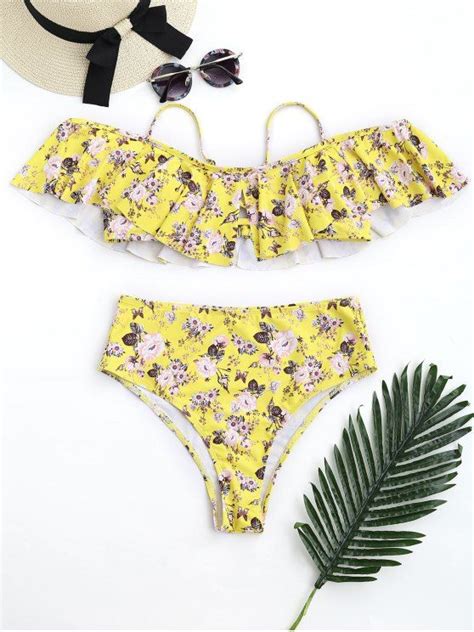 Floral Frilled High Waisted Bikini Set Yellow Bikinis S Zaful