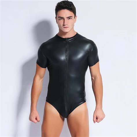 Sexy Mens Black Faux Leather Bodysuit Short Sleeve Zipper Leotard Vinyl Lingerie Crotchless