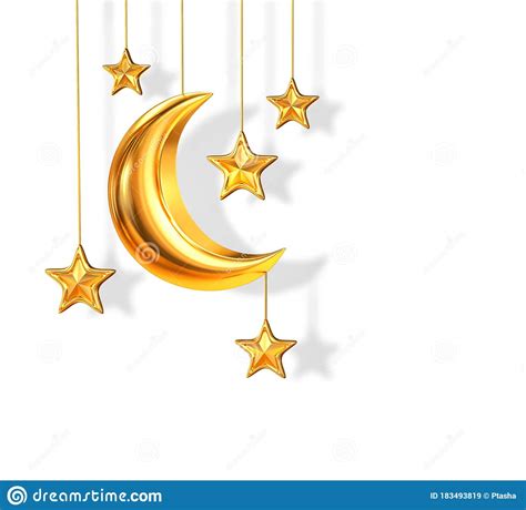 Golden Crescent Moon And Stars Isolated On White Clipping Path