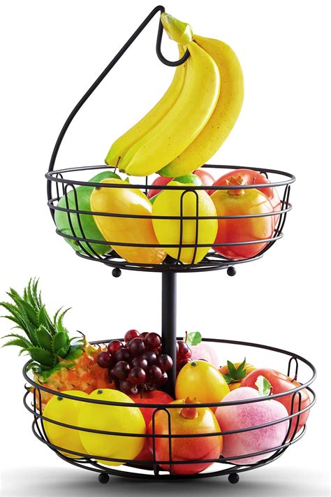 buy fruit basket for kitchen detachable 2 tier fruit basket stand with banana hanger black