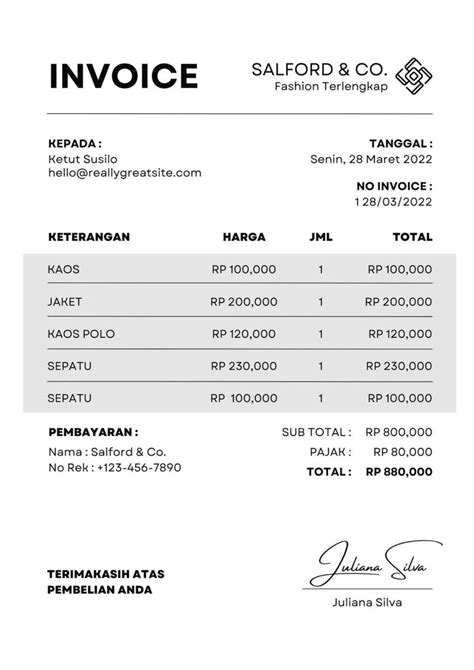 Contoh Invoice Tagihan Pembayaran Untuk Jasa Dan Barang