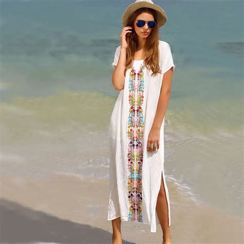 Women Summer Cotton Embroidered Beach Cover Up Dress Short Sleeve Long Dress Swimwear Cover Up
