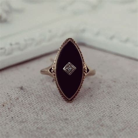 Antique Victorian Marquise Black Onyx Diamond 10k Ring Mourning Ring