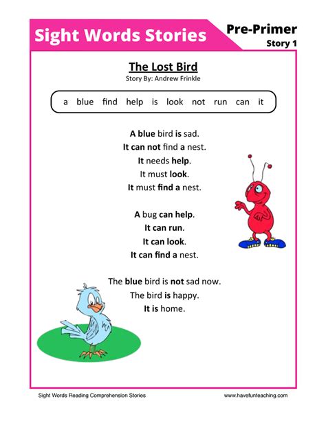 The Lost Bird Pre Primer Sight Words Reading Comprehension Worksheet By