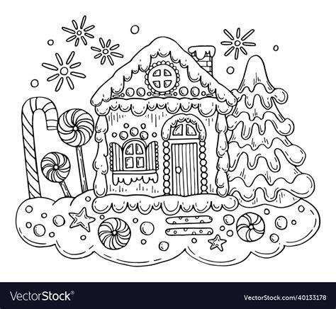 Christmas Gingerbread House Coloring Page Vector Image