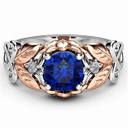Sapphire Ring Engagement Gold Jewelry Leaf Tone