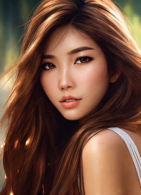 Lexica Cute Tan Asian Female Long Light Brown Tan Straight Fluffy Hair Heavy Eyeliner