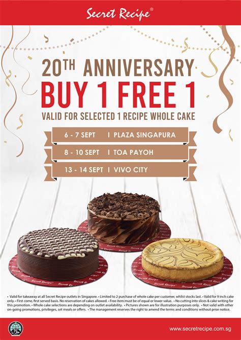 Secret recipe is a lifestyle cafe chain and has become common in malaysia following its debut in 1997. Secret Recipe is offering 1-for-1 whole cakes on selected ...