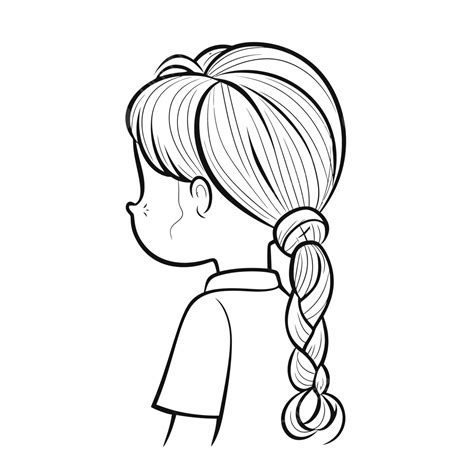 Child In Hair With Ponytail In Back View Illustration Outline Sketch
