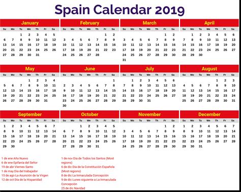 Spain 2019 Calendar With Holidays Qualads