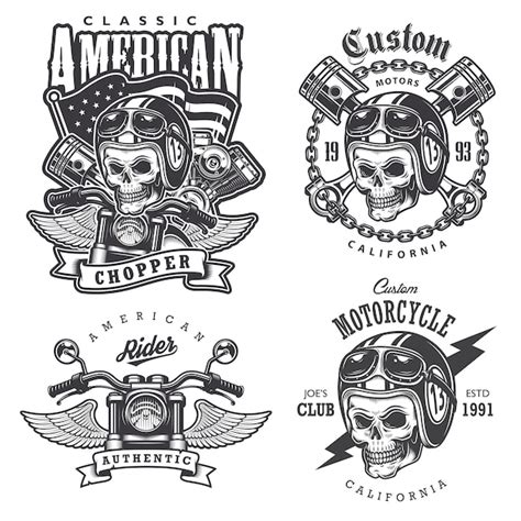 Free Vector Set Of Vintage Motorcycle T Shirt Prints Emblems Labels