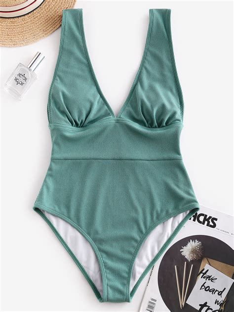 37 Off 2020 Zaful Ribbed Plunge One Piece Swimsuit In Cyan Opaque