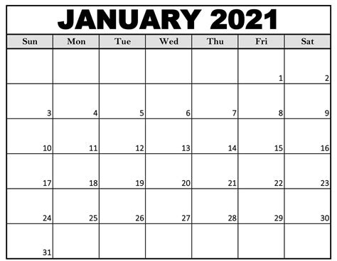 Free Blank Calendar January 2021 Printable Pdf