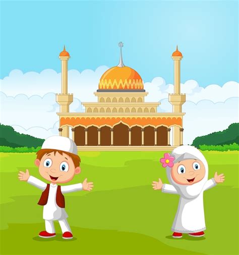 Premium Vector Happy Cartoon Muslim Kids Waving Hand In Front Of Mosque