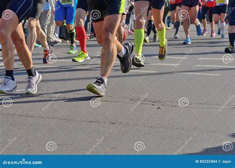 Marathon Running Race Runners Feet On Road Sport Fitness And Healthy