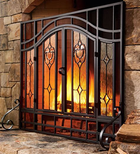 No matter what type of décor you have, glass doors are available that can be a perfect match. Large Two-Door Fireplace Screen with Glass Floral Panels ...