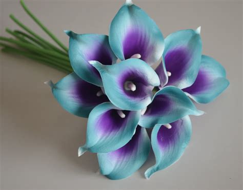 10 Teal Purple Picasso Calla Lilies Real Touch Flowers For