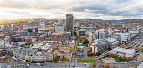 Aerial View Of Sheffield City Centre Skyline At Sunset Editorial Photo