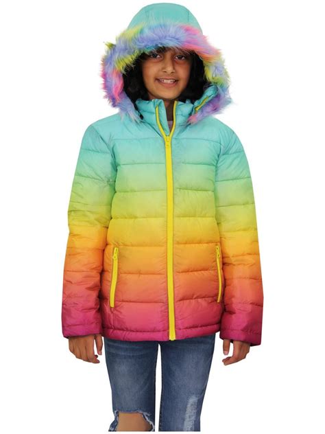 Kids Girls Hooded Jacket Rainbow Faux Fur Parka School Jackets Outwear