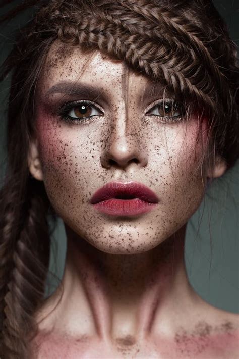 Beautiful Strange Girl With Creative Art Make Up Beauty Face Stock