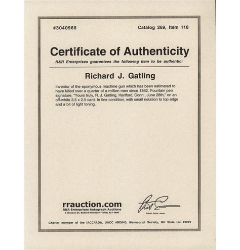 Certificate Of Authenticity Autograph Template Addictionary In Letter Of Authenticity Template