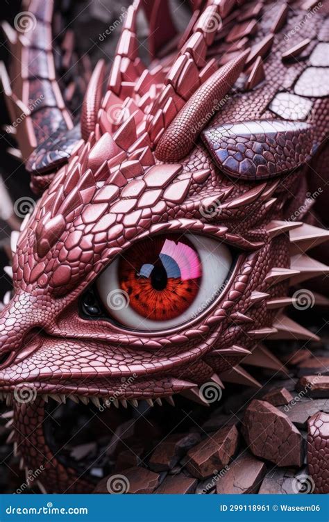 Closeup Of A Red Dragon Head With Orange Eyes In The Background Stock