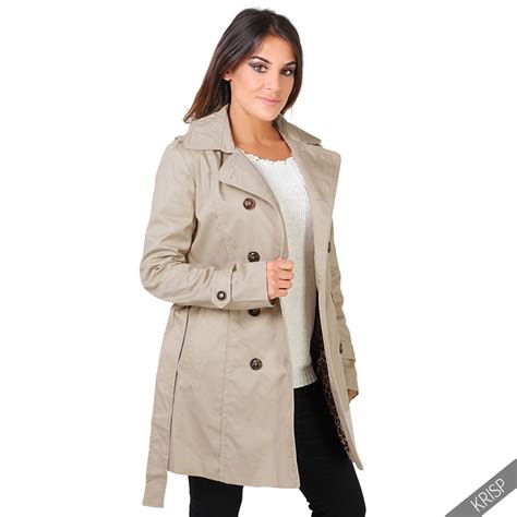 Womens Ladies Stylish Trench Coat Tailored Fit Belted Double Breasted