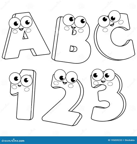 Cartoon Letters And Numbers Vector Black And White Coloring Page Stock