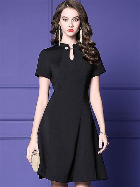 Pearl Button Solid Stand Collar Short Sleeve Little Black Dress Formal Dresses With Sleeves