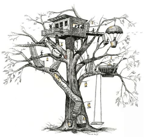 Treehouse Tree House Whimsy Fireflies Pen And Ink And Watercolor