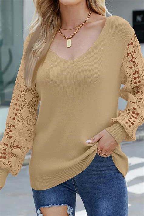 LILLUSORY Women's V Neck Long Sleeve Dressy Casual Sweaters Lace