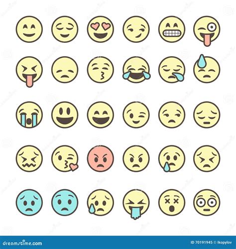 Set Of Outline Emoticons Colorful Emoji Isolated On White Background