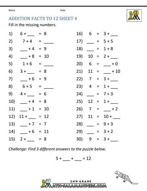 100 Addition Facts Worksheet For 2nd Grade Multiplication Math Facts