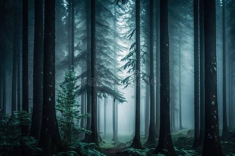 A Forest Filled With Lots Of Tall Trees Covered In Fog Stock