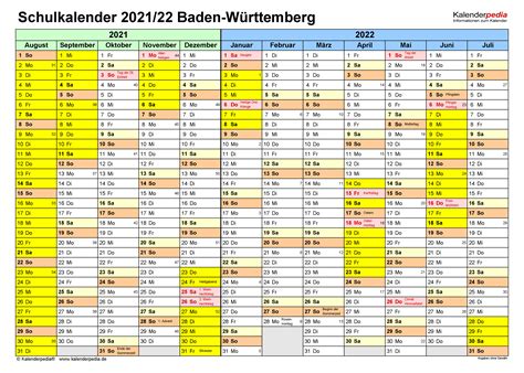 Hier finden sie den kalender 2021 mit nationalen und anderen feiertagen für deutschland. Schulkalender 2021/2022 Baden-Württemberg für PDF