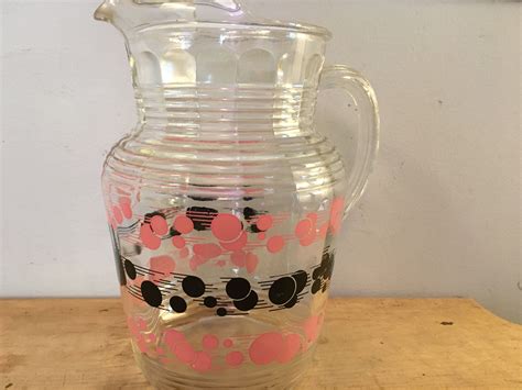 Mid Century Modern Pink And Black Glass Pitcher With Atomic Etsy