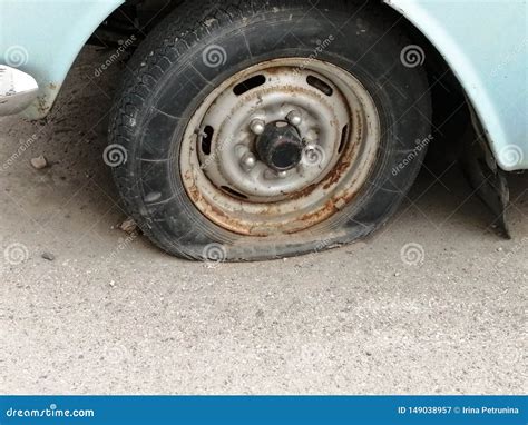 A Flat Tire Old Retro Wheel Stock Image Image Of Eflated Detail