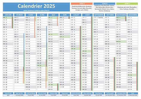 Calendrier 2025 Avec Vacances Scolaires Et Jours Fériés à Imprimer