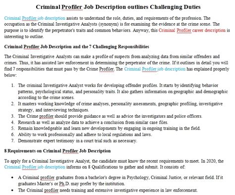 Criminal Profiler Job Description Outlines Challenging Duties Room