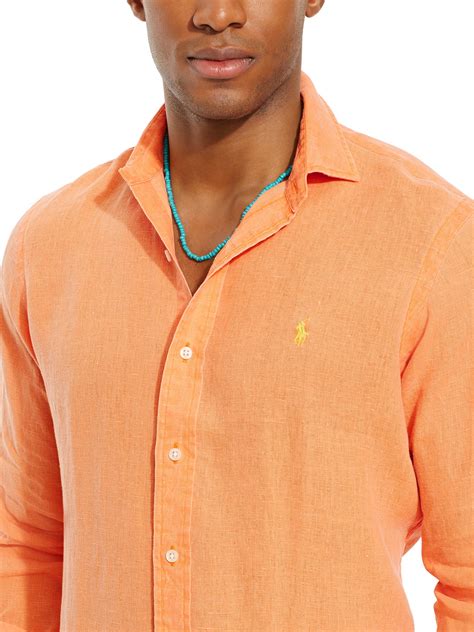 Lyst Polo Ralph Lauren Long Sleeve Linen Shirt In Orange For Men