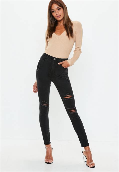 Missguided Black Sinner High Waisted Authentic Ripped Skinny Jeans Skinny Jeans Shop High