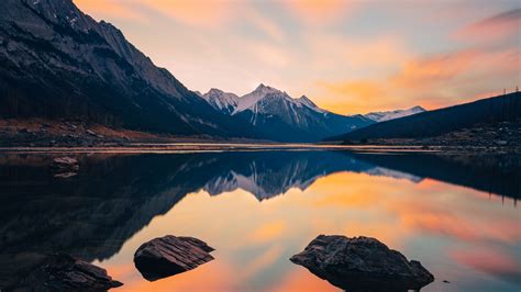 Wallpaper Id 992 Mountains Lake Stones Snowy Sunset 4k Free