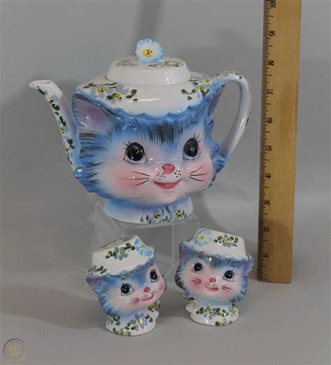 Vintage Lefton Porcelain Miss Priss Cat Teapot Salt And Pepper Shaker Set 1834826393