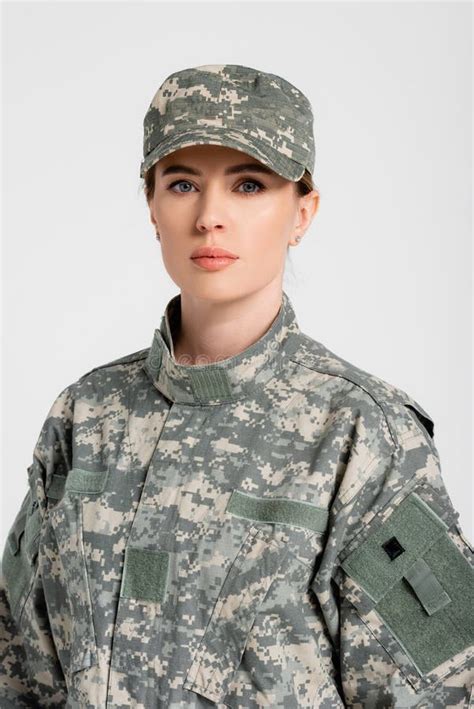 Woman In Military Uniform On Grey Stock Photo Image Of Army Woman
