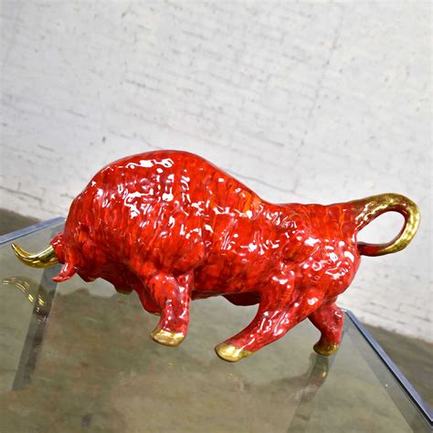 Mid Century Modern Royal Haeger Style Ceramic Red Charging Bull