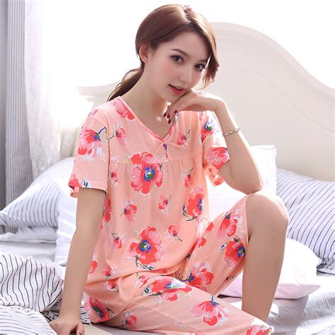 New Sale Summer 100cotton Floral Women Short Sleeved Pajamas Set Round Neck Loose Plus Size M