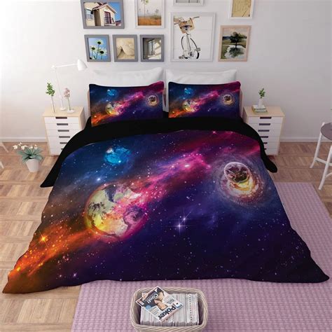 3d Galaxy Bedding Sets Queen Size Universe Outer Space 3 4pcs Black Purple Planet Nebula Bed